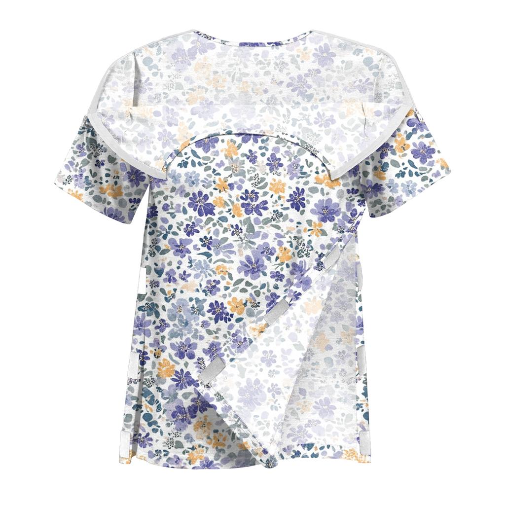 Women Postoperative Short Sleeve Floral Print Shirt with Shoulder Zipper and Side Hook and Loop Closure for Easy Dressing Comfort