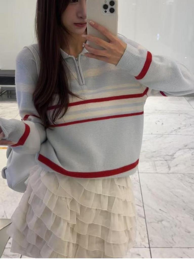Women's Autumn/Winter 2025 Striped Polo Neck Zipper Knitwear