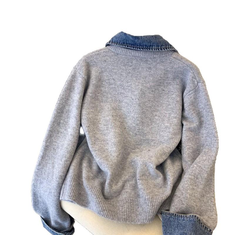 Womens Knit Cardigan With Denim Patchwork Detail V-Neck Long Sleeve Oversized Sweater 2025