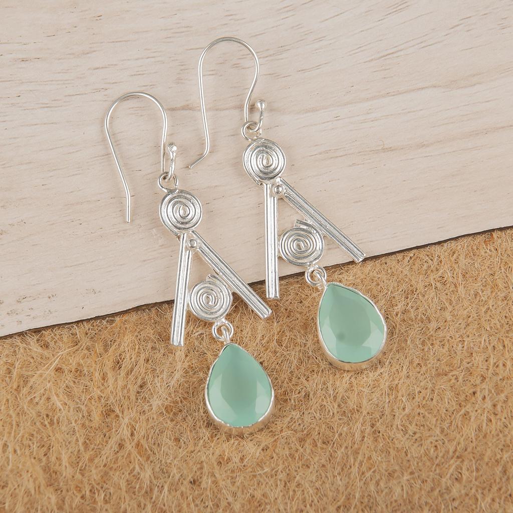 Aqua Chalcedony Silver Gemstone Jewelry, 925 Sterling Silver Earrings, Handmade Everyday Jewelry For Women