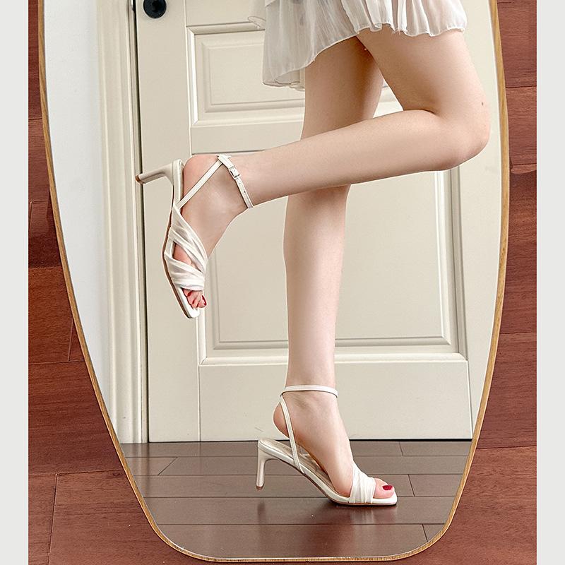 Summer Square Head with Sandals, Versatile Niche Design Silk High Heel Cool Slippers Women