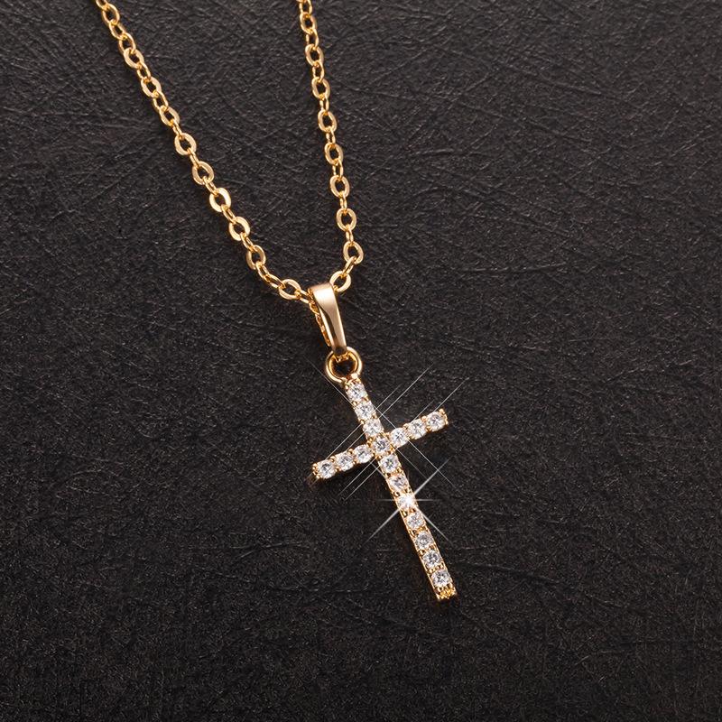 Classic Fashion Gold Color Full Zircon Shiny Cross Pendant Necklace for Women Men Gothic Luxury Collar Jewelry Accessories Gift