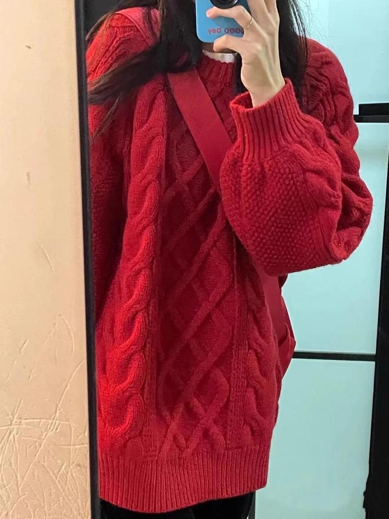 2024 Women's Red Loose Knit Sweater - Soft Cable Knit Pullover for Autumn/Winter