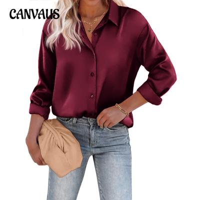 Damen Satin Seide Krawatte Knopf Hemd Casual Loose Langarm Einfarbig Tops