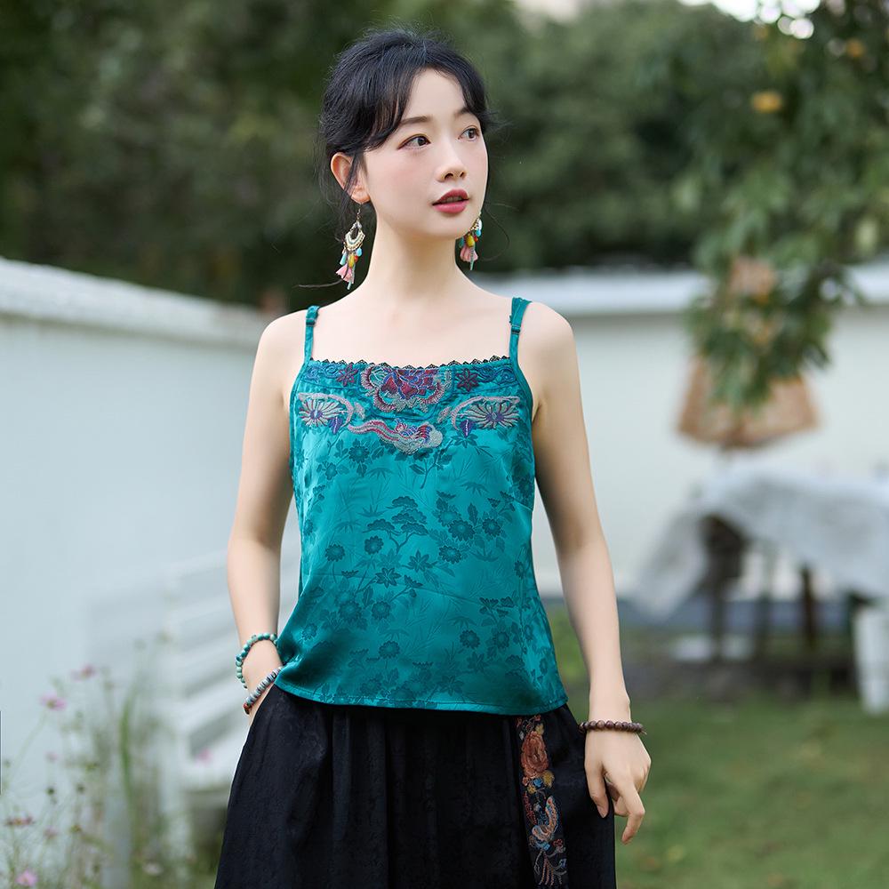 

Women s Ethnic Embroidered Tencel Satin Sleeveless Top XL