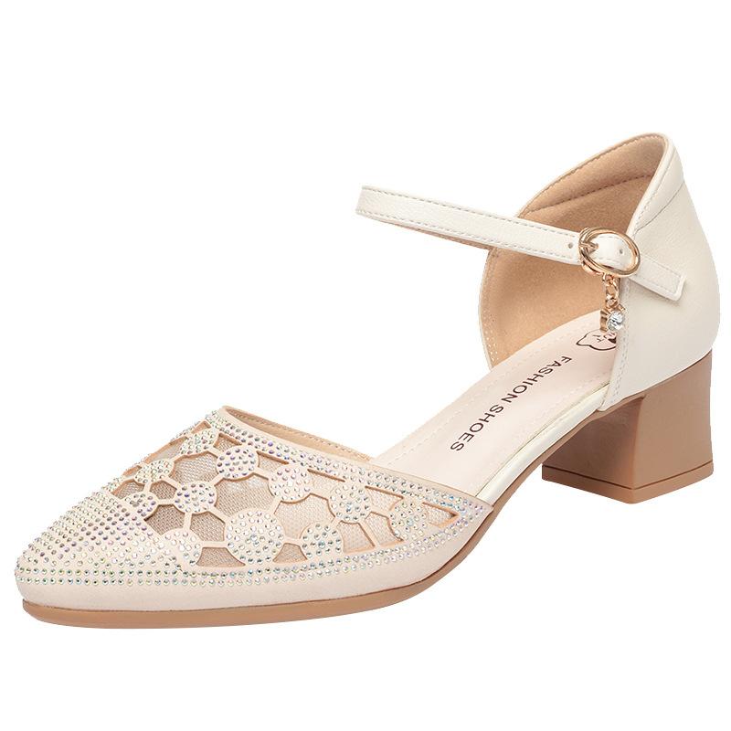 Fashion Women Closed Toe Sandals Women's Flat Mid Heel Women's Chunky Heel Genuine PU Leather Shoes Hollow Mesh Soft Bottom Mom Shoes