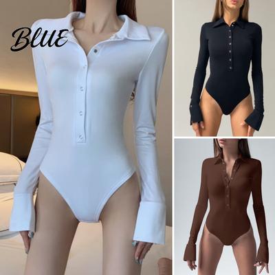 Lapel Bodysuit Lady Summer Playsuit Turn-down Collar Long Sleeves Solid Color Slim Sleeve Fit Stretchy