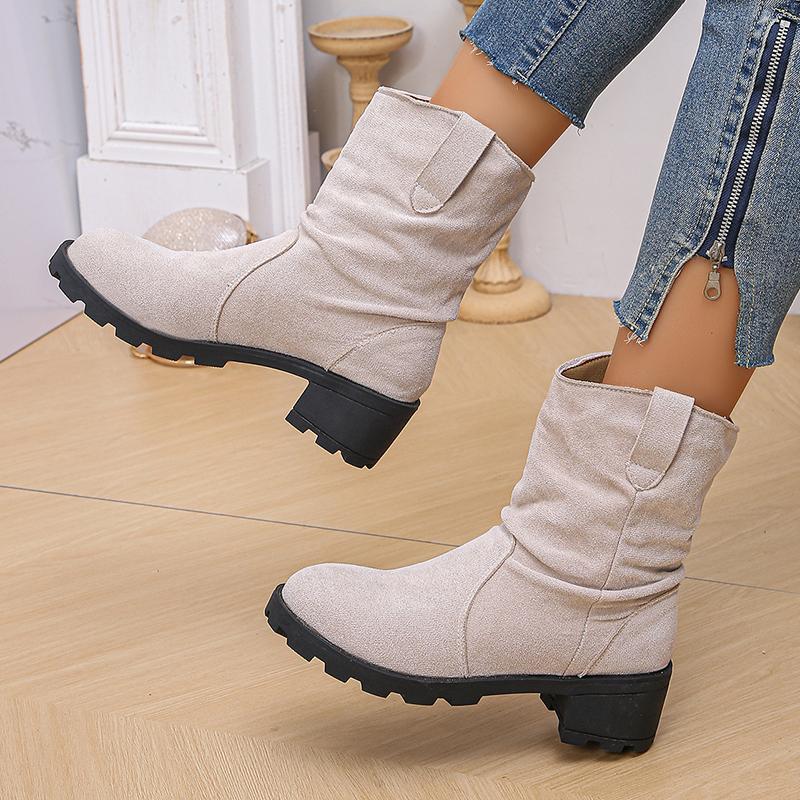 Lucyever Pleated Design Slip On Ankle Boots Woman 2024 Vinatge Flock Thick Heels Cowboy Boots Woman Plus Size Short Botas Mujer
