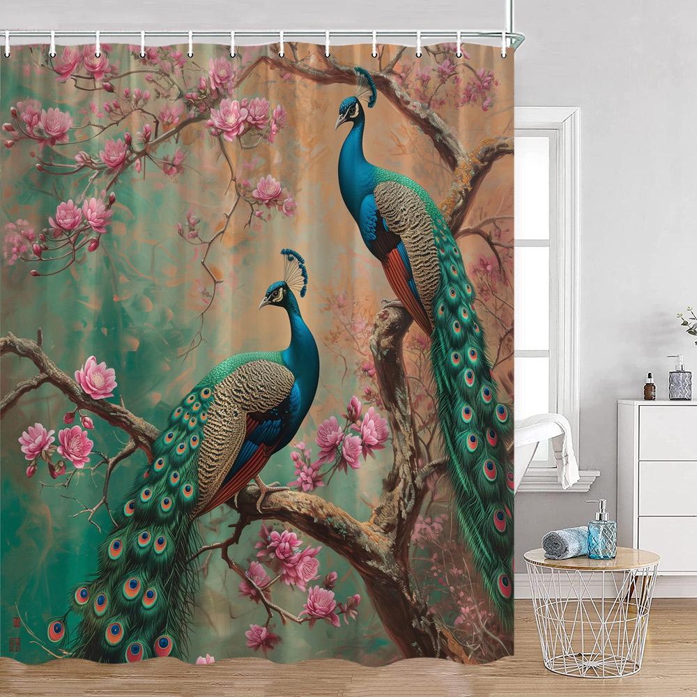 Peacock Shower Curtain Modern Oil Paniting Animals Flowers Plants Floral Bathroom Decor Elegant Fabric Bath Curtains with Hooks
