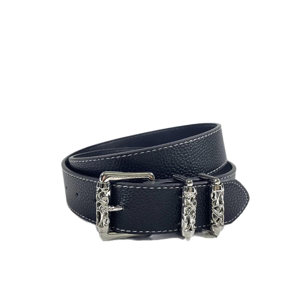 Fashionable Carved Leather Belt with Silver Buckle and Rotating Roller for Jeans