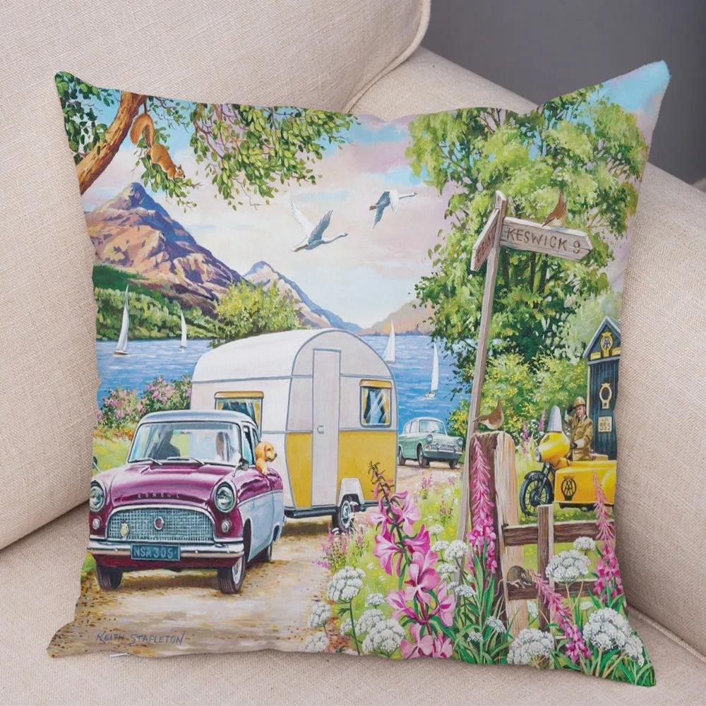 Vintage Colorful Style Coconut Tree Pillow Cover Country House Landscape  Sofa Car Office Cushion  Home Decor