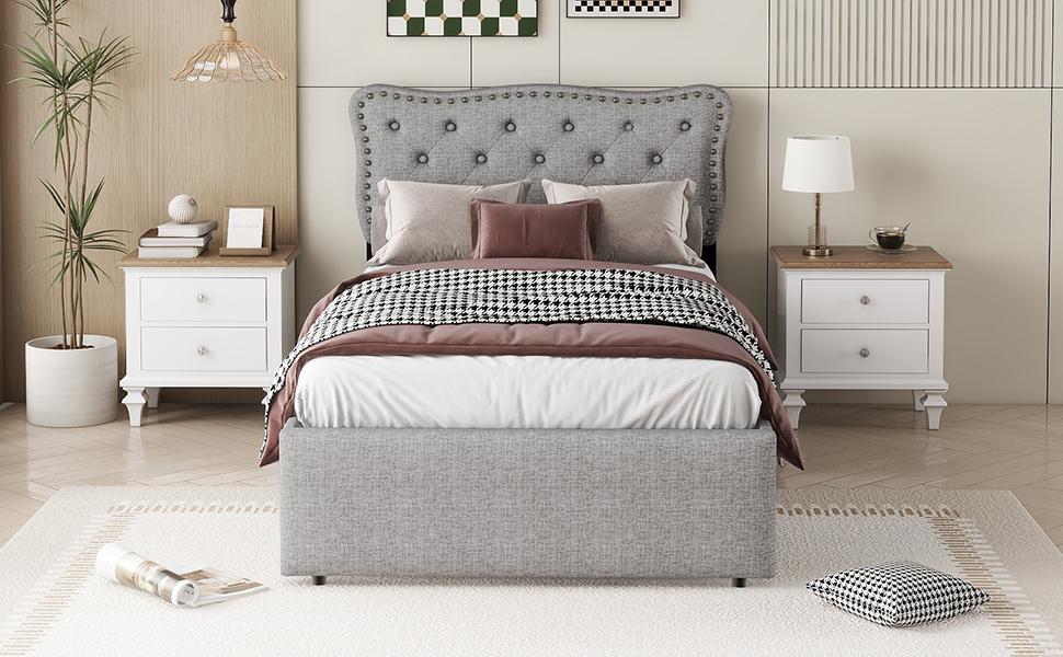90*200 cm Low Bed, Upholstered Bed, Nightstand Upholstery with Decorative Rivets, Double Drawers, Grey