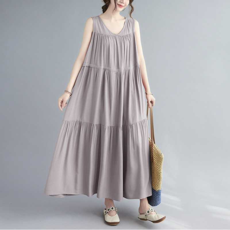 Solid Color Drawstring Casual Loose Sleeveless Dress