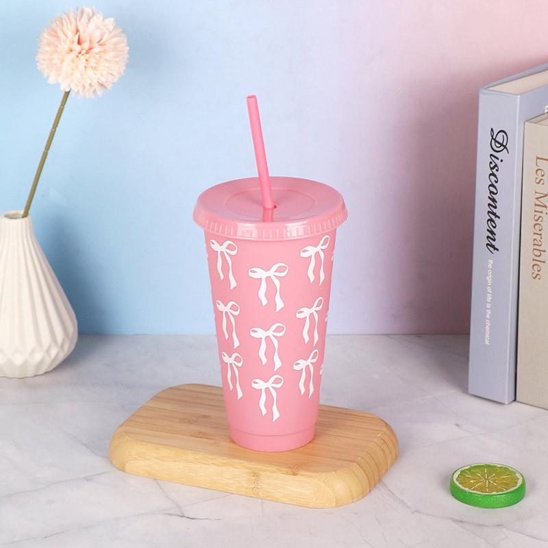 1 Piece Large Capacity Water Bottle Kawaii Bow Water Cup With Lid Straw For Girls Coffee Milk Tea Plastic Cold Drink Cup