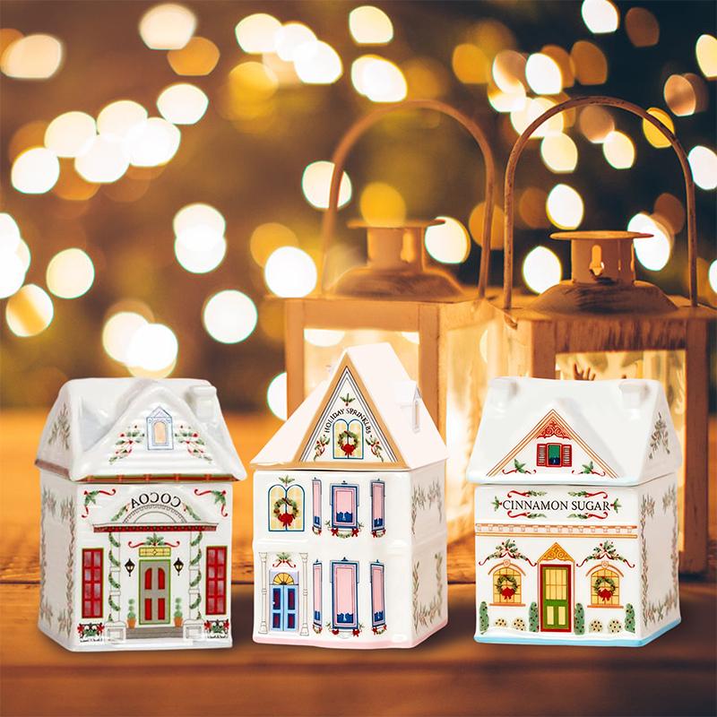 Holiday Village Spice House Set, Mini Christmas Gingerbread Houses Jars, Festive Decor Kitchen Countertop Christmas Candle