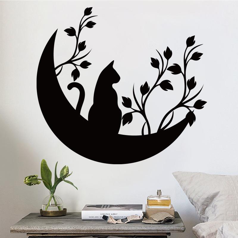 Black Moon Cat Wall Stickers Stars Home Bedroom Decor Peel and Stick Wall Art Removable Vinyl Decals for Room Beautification