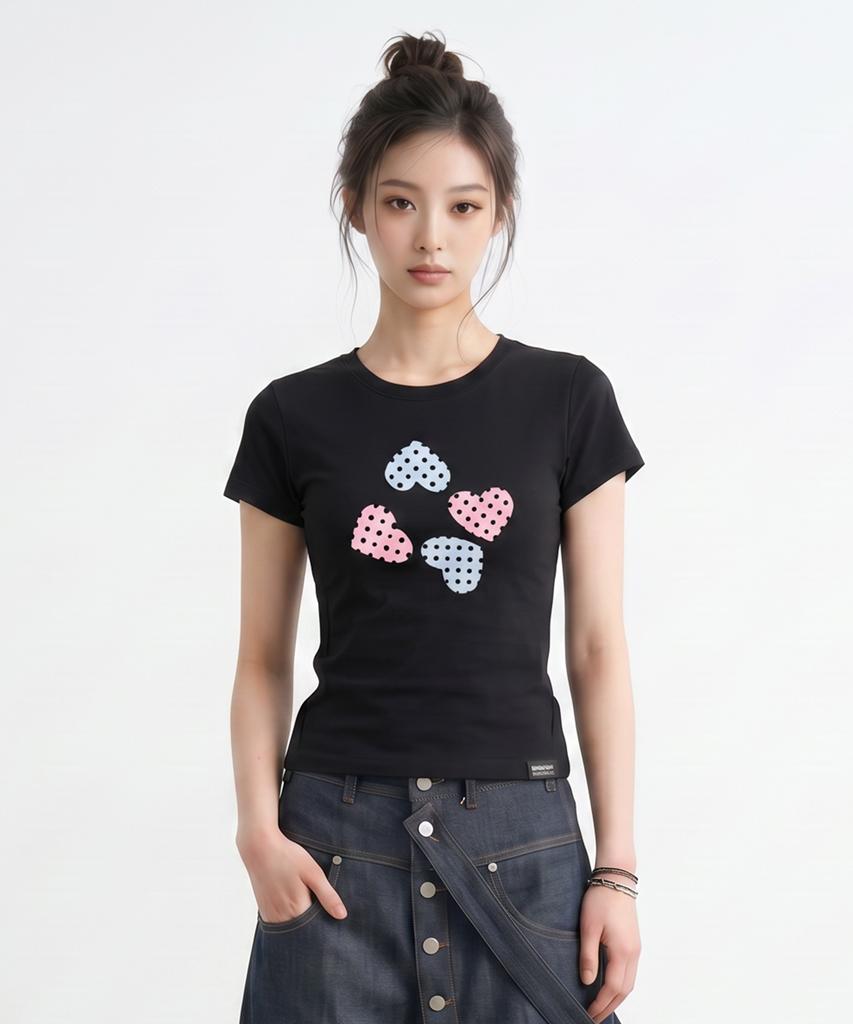 Peideu Pd Polka Dot Heart Slim Fit Short Sleeve T-Shirt Black