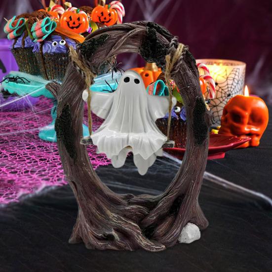 Halloween Ghost on Tree Swing Figurine Swinging Cartoon Ghost Statue Ornament Home Office Garden Patio Lawn Bookshelf Desktop Decoration