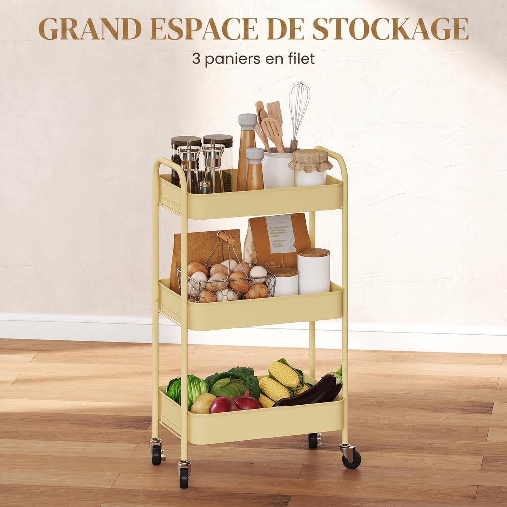 Serving Cart, Steel Trolley, 3 Perforated Shelves, 45 x 30.6 x 79 cm, Yellow
