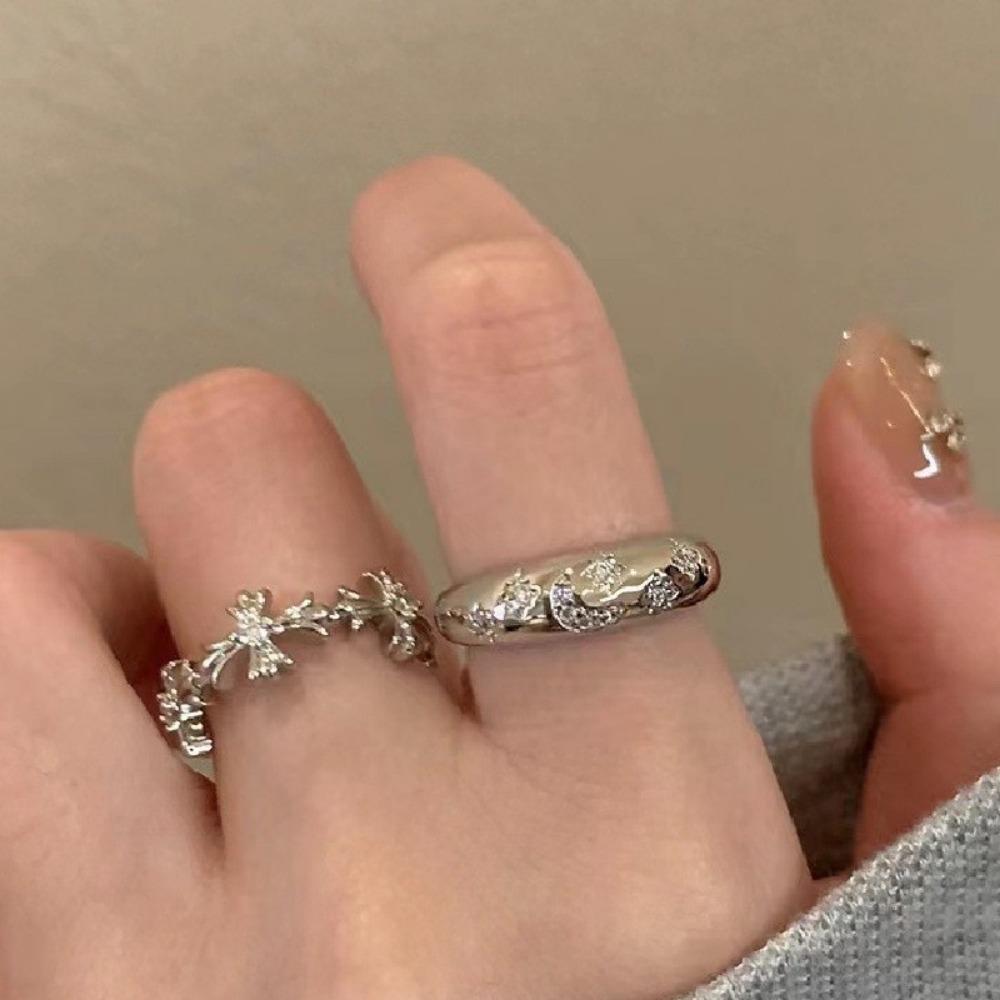 3pc Korea Fashion Mixed Minimalist Ring Set Geometric Round Metal  Open Rings Zircon For Women