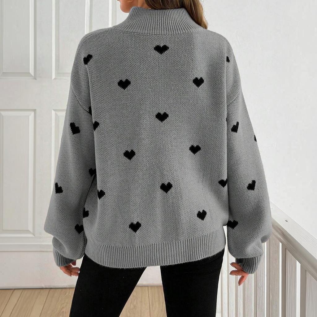 Women's Knit Long Sleeve Zip-Up Sweater with Heart Pattern for Casual Wear