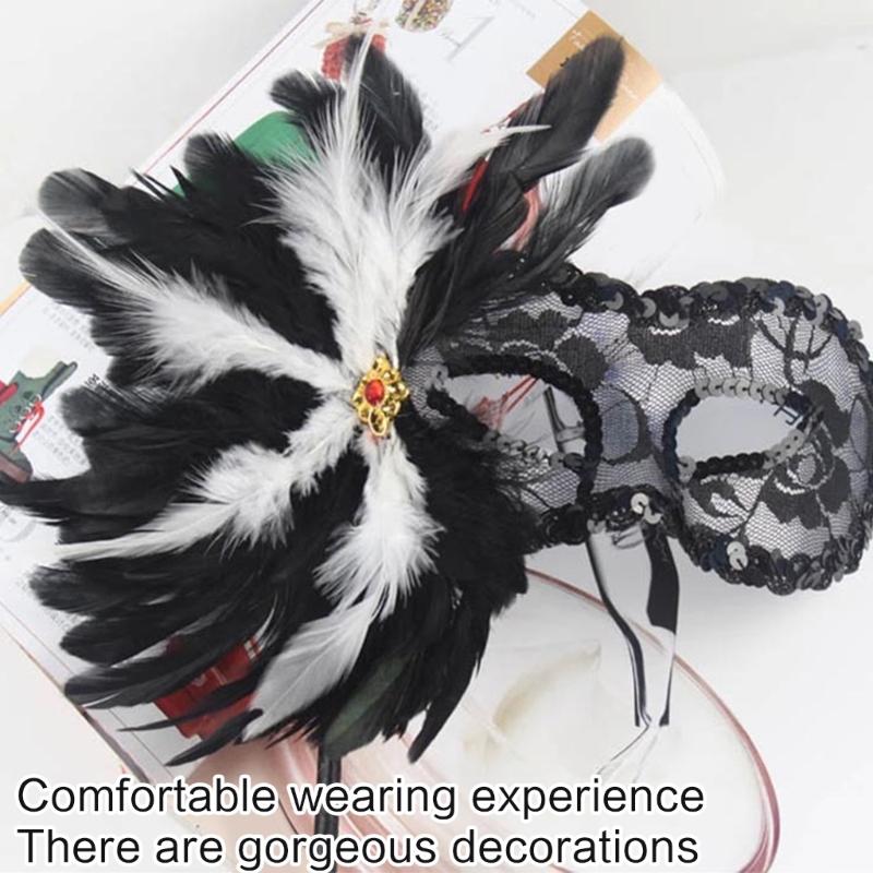 Feather Masquerade Mask with Stick for Women, Lace Eyemask Masquerade Half Face Mask Masquerade Costume Accessories