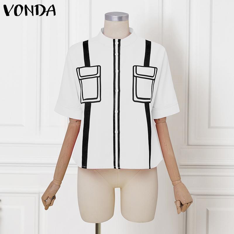 VONDA Летние женские блузки-рубашки с коротким рукавом, с принтом, повседневные, топы 5XL белый