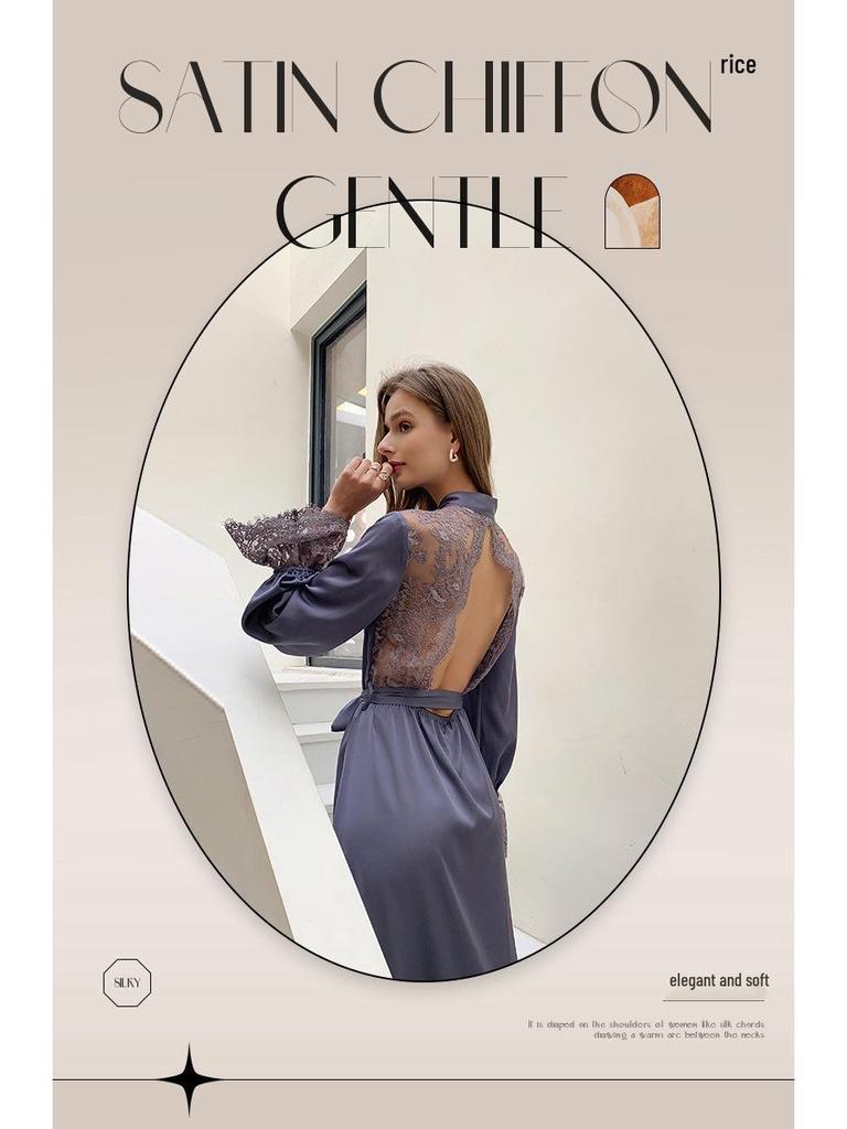 Yaoting Damen Satin Chiffon Nachthemd: Sommer Spitzen-Patchwork, Französisch Elegant, Sexy Rückenfreier Langer Morgenmantel.