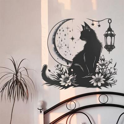 Gatto Nero Fiori di Luna Adesivo Murale Vinile Decorazione per Soggiorno Ingresso Casa Decorazione Murale