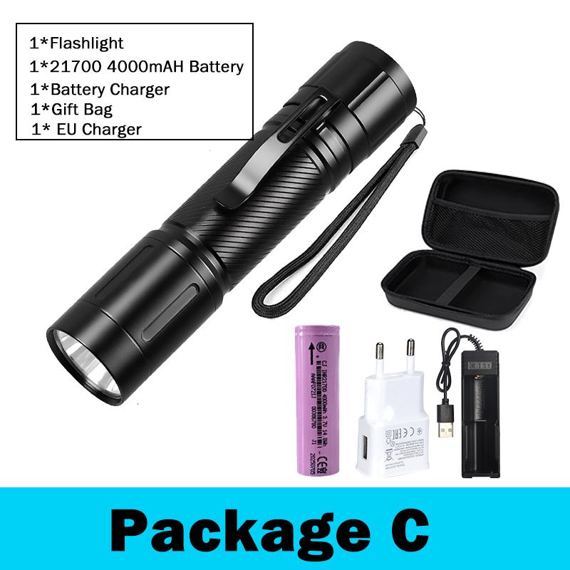 High Power LED Flashlights Tactical Torch 6 Modes Flashlight with Pen Clip Aluminum Alloys Waterproof External 21700 Battery