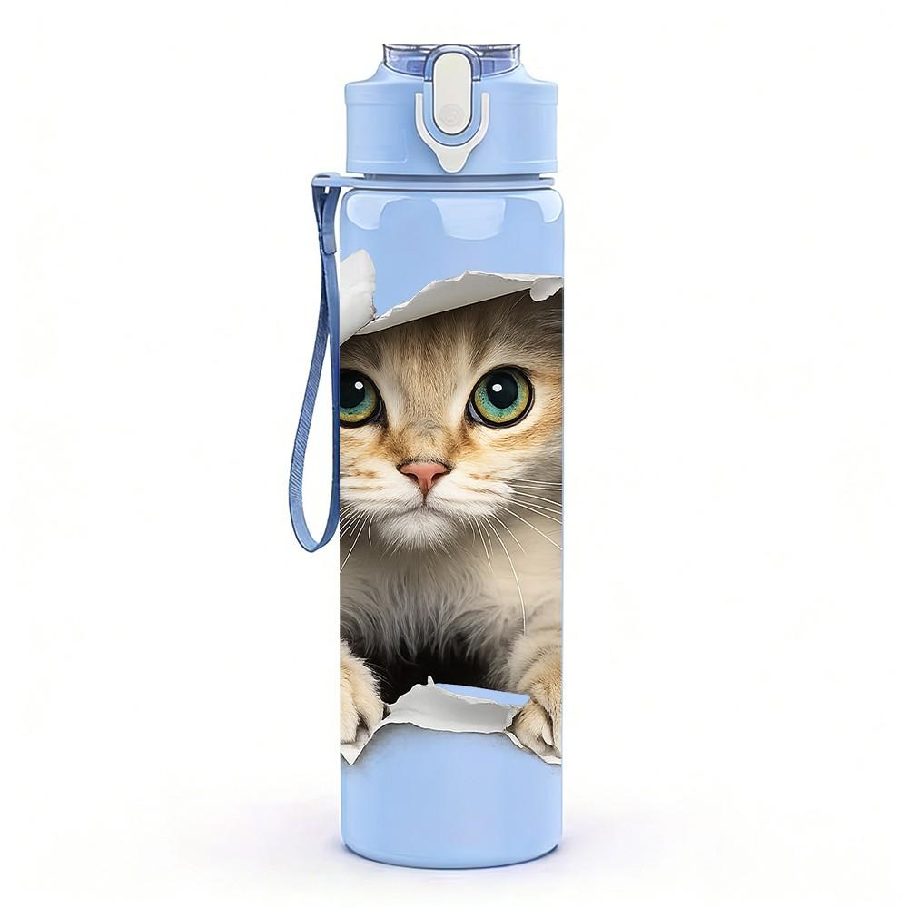 1PC Cat Breaking Through Wall Cartoon Print 750ml Color Plastic Sports Water Bottle Leakproof Flip Straw Lid Suitable for Sports Office Home Use