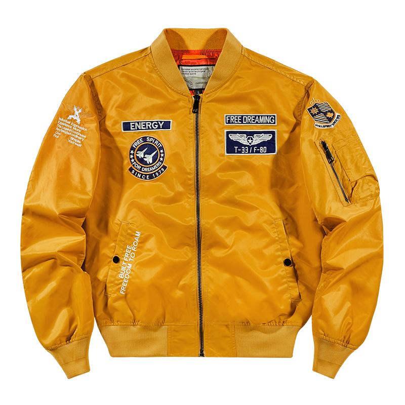Autumn Men MA-1 Flight Bomber Jacket Badge Embroidery Patches Rib Knit Collar Zip Up Windproof Army Pilot Military Streetwear Casual Outerwear Coat