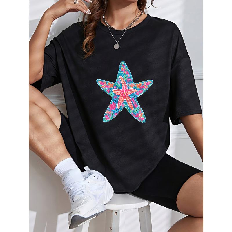 White Crew Neck T Shirt With Colorful Starfish Print For Beach And Summer Outfits