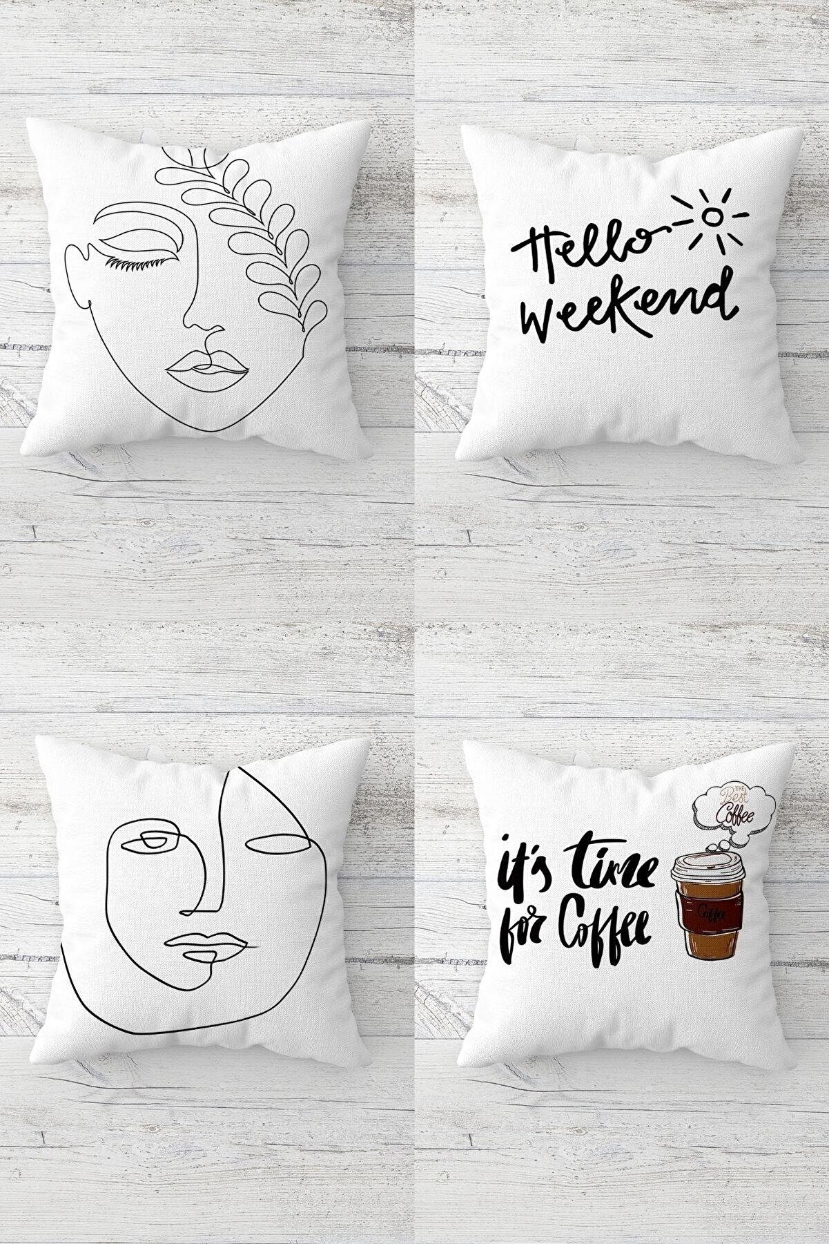 

Line Art Hello Weekend Coffee Time Hidden Zipper Cushion Cover Sofa Pillow Case Set (4pcs)