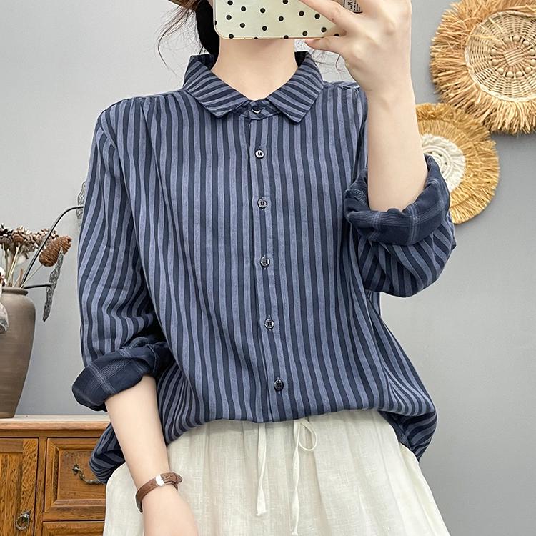 

Women s Long Sleeve Double-layer Cotton Stripe Shirt - Soft, Skin-friendly, Breathable, High Quality Loose Fit M (110-130 jin)
