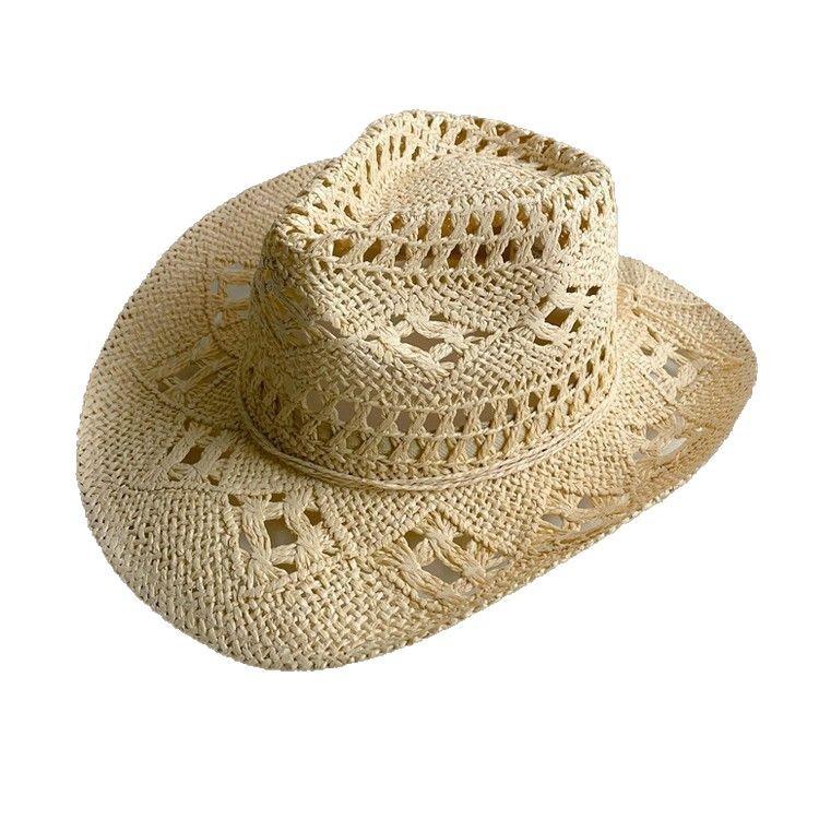 New hand-woven straw hat hollowed out spring and summer breathable men's and women's couple hats sunscreen western cowboy hat tide