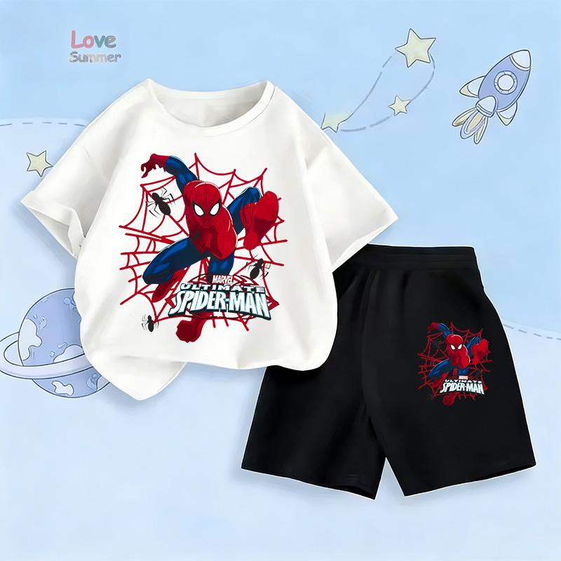 2026 Frühling/Sommer Spiderman Aufdruck Jungen Kurzarm Shorts Sport Zweiteiler Kinder Set Superhelden Set Kinder Alltagskleidung, Perfekt für Draußen 100