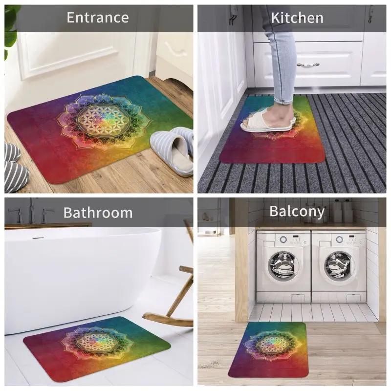 Rainbow Flower Of Life With Lotus Front Door Mat Anti-Slip Outdoor Sacred Geometry Doormat Kitchen Balcony Entrance Rug Carpet