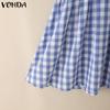 VONDA Women Patchwork Lace V Neck Puff Sleeve Plaid Print Casual Ruffled Dress