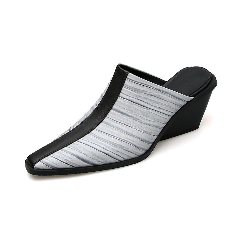 2024 New Genuine Leather Shoes Women Slippers Wedges High Heels Pointed Toe Mules Ladies Office Dress Shoes Slides Women