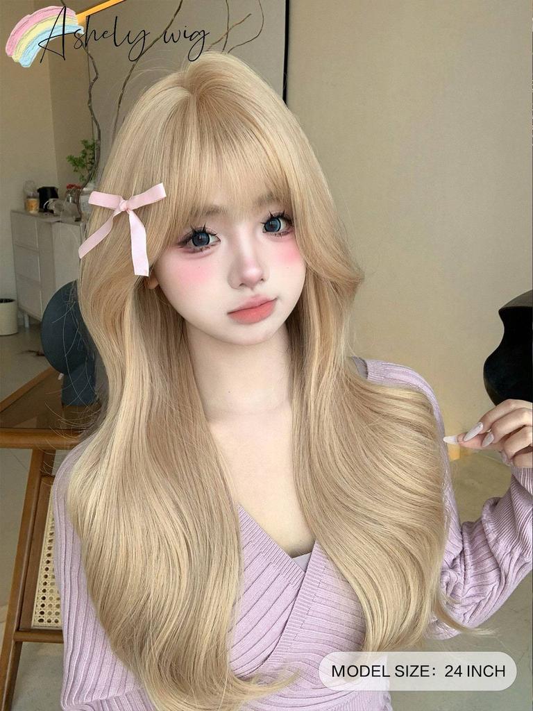 Synthetic Heat-Resistant Long Natural Wave Blonde Wigs with Bangs 24 Inches LongFor Daily Use Natural Realistic False Hairpiece