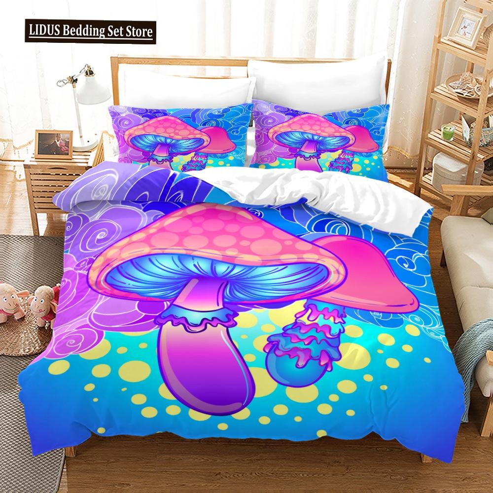 Mushroom Duvet Cover Set King Queen Size Star Purple Blue Trippy Mushroom Pattern Cartoon Polyester Bedding Set For Kid Boy Girl