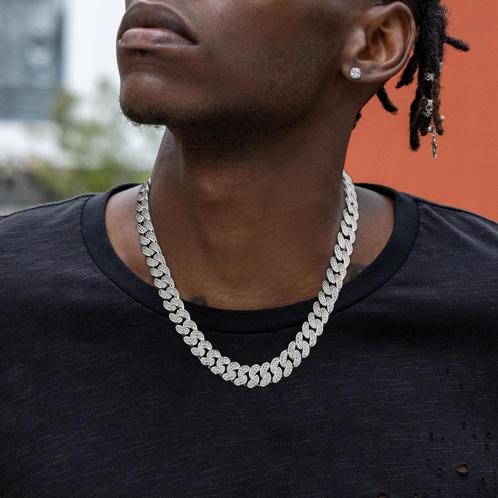 KRKC&CO Panzerkette mit Zirkonia und Miami Cuban Kette, 12mm, Weißgoldplattiert, CZ Diamanten, Dicke Herrenkette, Choker, Hip Hop, Tänzer,