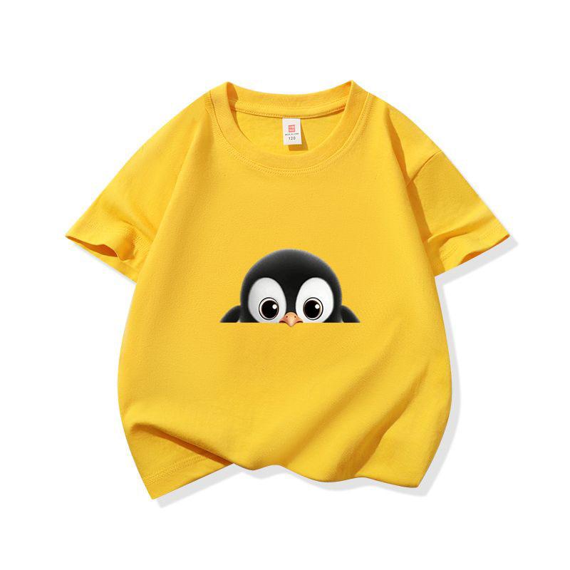 Kids Cotton T Shirt Cute Peeking Penguin Print Crew Neck Short Sleeve Tee Casual Breathable Boys Girls Summer Tops