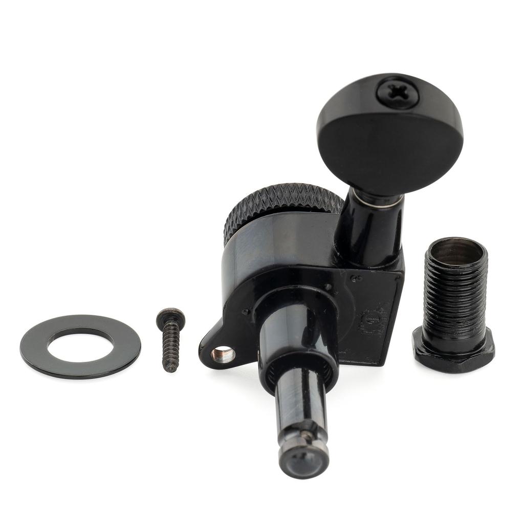 Musiclily Pro Locking Gear Vintage Oval for Stratocaster and Telecaster Electric Black 6-in-line Tuners, 181 Ratio, Buttons, 45-degree Screws,