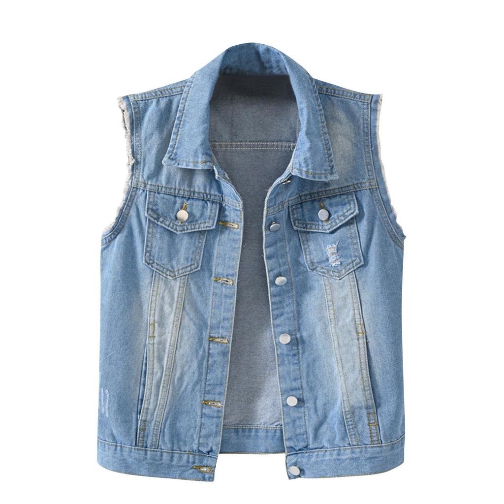 Women's Fashion Solid Color Sleeveless Pocket Short Style With Frayed Edges And Holes Cardigan Vest Jacket