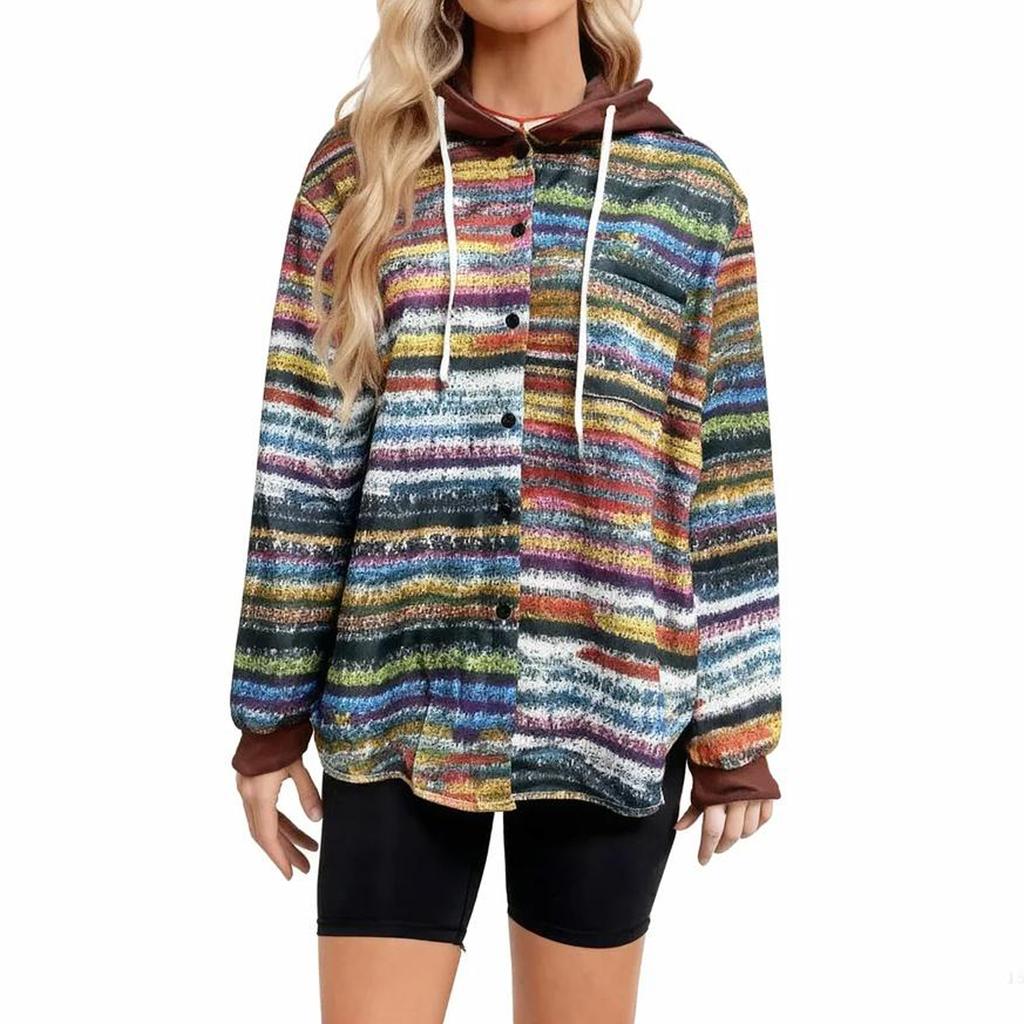 Women's Casual And Fashionable Large Plaid Pattern Patchwork Hooded Button Jacket