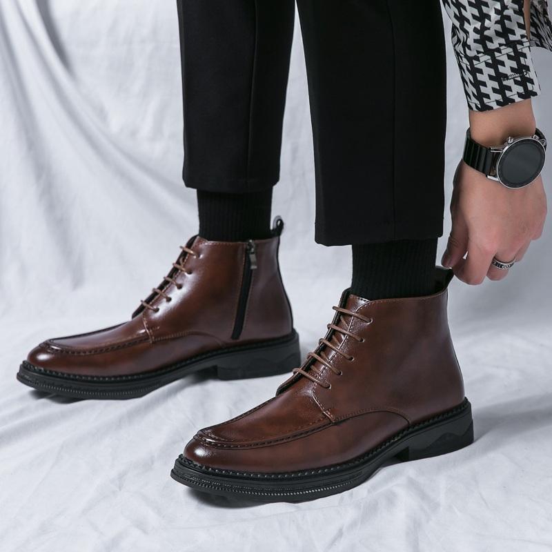 Brittiska Vinter Nya Spetsiga Snörskor Dragkedja Patchwork Lackläder Ankelstövlar Män Casual Lyxiga Höga Skor Zapatos Hombre