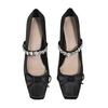 Soft Leather Version Chinese Bow Rhinestone Ballet Square Head Thick Heel Mary Jane High Heel Single Shoes Women's Cheongsam Skirt