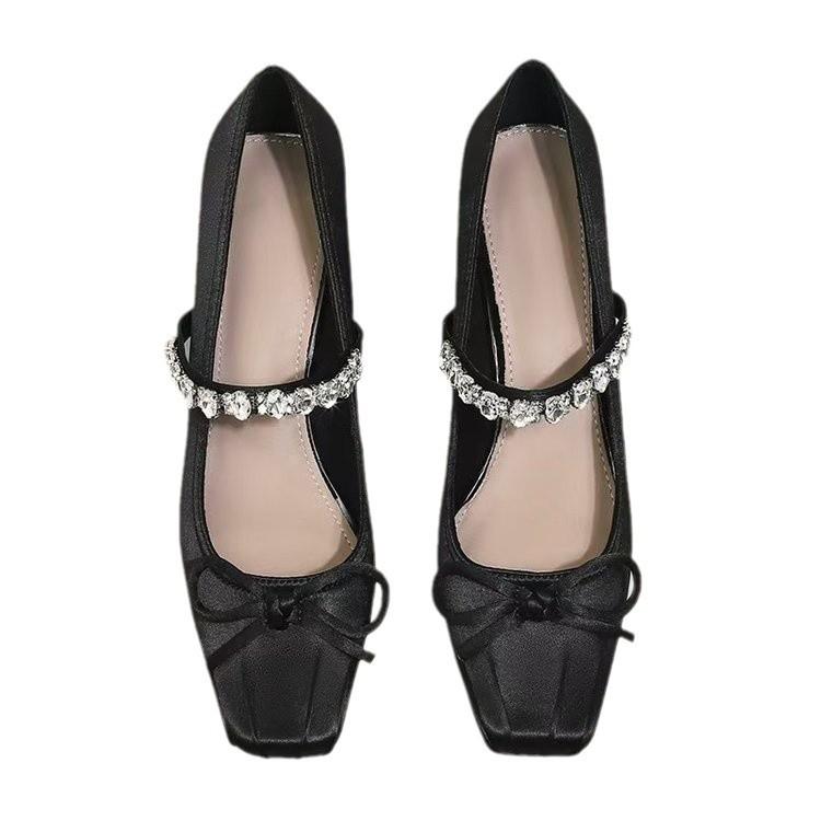 Soft Leather Version Chinese Bow Rhinestone Ballet Square Head Thick Heel Mary Jane High Heel Single Shoes Women's Cheongsam Skirt